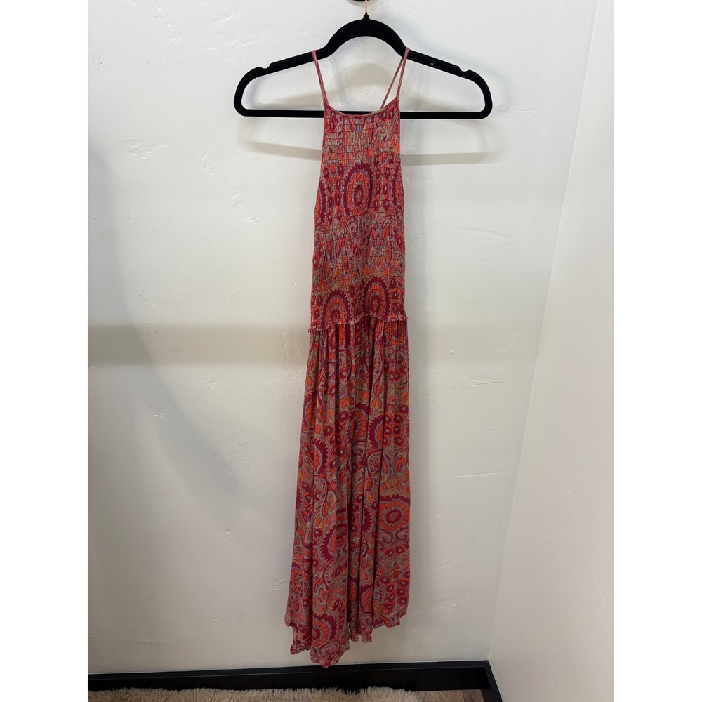 Free People Smocked Paisley Maxi Dress Red Orange Halter OB506778 Small